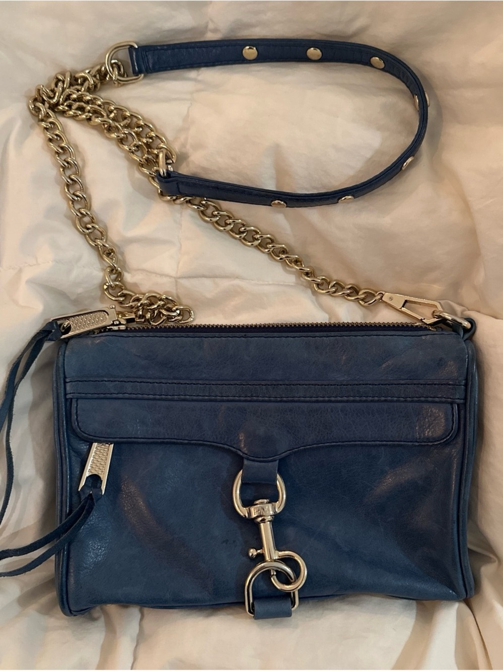 Rebecca Minkoff Navy Leather Mini MAC Crossbody with Gold Chain